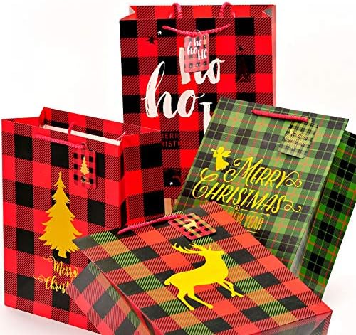 שקיות מתנה לחג המולד, 4 חבילות שקיות אריזת מתנה בלינג עם עץ חג המולד ואיילים, שקיות מתנה בגודל בינוני עם כרטיס