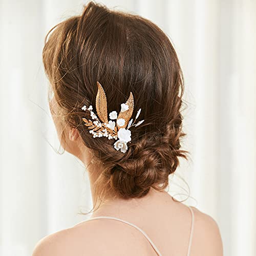 כלה חתונה שיער מסרק, חימר פרחי זהב שיער סיכות, קריסטל חתונה כיסוי ראש עבור כלות עבור נשים ובנות