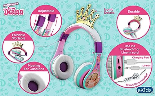 Ekids Love Diana Kids Bluetooth אוזניות, אוזניות אלחוטיות עם מיקרופון כוללות כבל AUX, נפח מופחת אוזניות מתקפלות