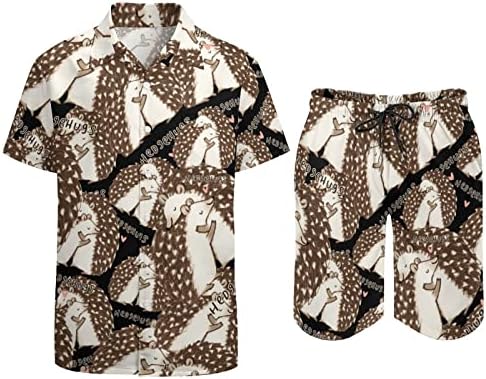 WeedKeycat קיפוד חמוד חיבוקים תלבושות חוף לגברים 2 חלקים כפתור הוואי מטה חולצה קצרה שרוול ומכנסיים קצרים.