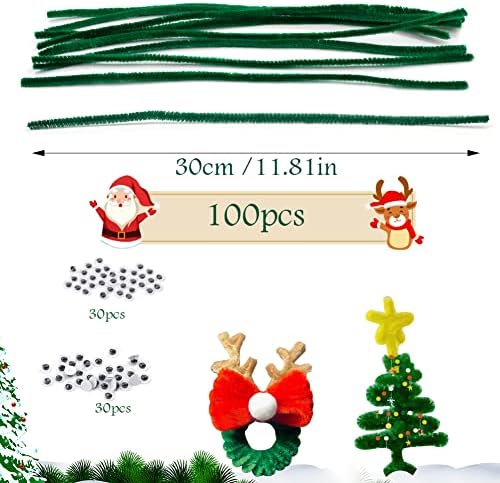 100 יח 'חומרי צינור לחג המולד חומרי ניקוי צינורות גזע ירוקים הגדר חומרי ניקוי צינורות מלאכה יצירתיים עם 30 זוגות עיניים