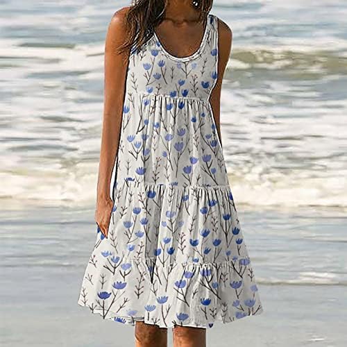 נשים מקרית שרוולים שמלה קיצית סקופ צוואר פרחוני נדנדה טנק שמלות קיץ בבאגי טלאי טוניקת למעלה חוף שמלה