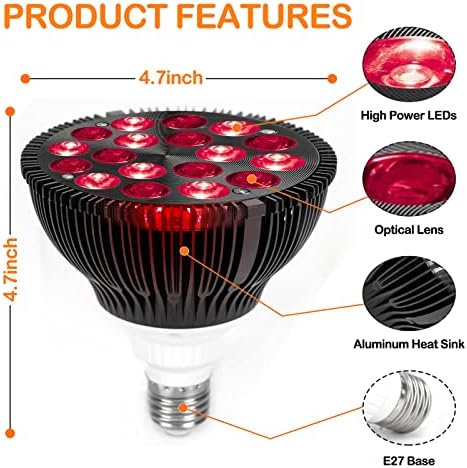 מנורת טיפול באור אדום של Realhunlee, 54W 18 LED לטיפול באור אינפרא אדום נורה לגוף ופנים 660 ננומטר אדום ו 850 ננומטר ליד אורך
