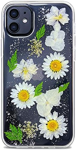 Abbery מיועד לאייפון 11 מארז פרחים לחוץ, נוצץ נצנצים חמוד נוצץ עם עיצוב עיצוב סיליקון רך TPU גומי מיובש פרחים אמיתיים מארז