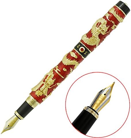 עט מזרקת ג'ינהו אדום דרקון בינונית בסגנון סיני בסגנון סיני אמייל אמייל לחתימה ואוסף עם קופסת מתנה מעץ